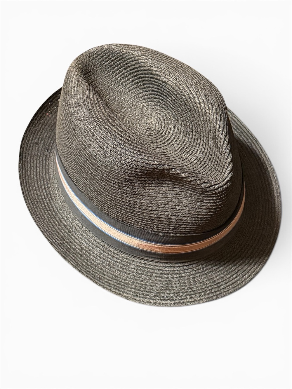 Stetson Black Straw Fedora with Tan and Black Ribbon
